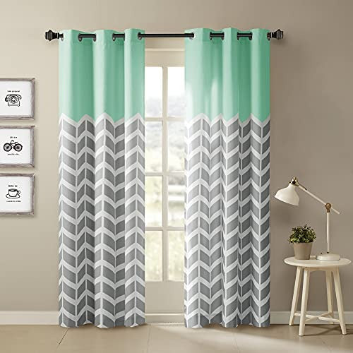 Intelligent Design Alex Chevron Curtains for Living Room, Modern Contemporary Grommet Room Darkening Panels for Bedroom, Geometric Window Panel, 42X63, 2-Panel Pack, 42x84, Aqua