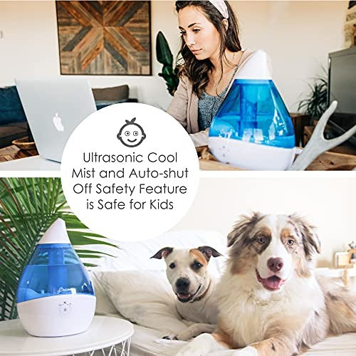 Crane Droplet Ultrasonic Cool Mist Humidifier, 0.5 Gallon, 250 Sq Ft Coverage, Optional Vapor Pad Slot, Air Humidifier for Plants Home Bedroom Baby Nursery and Office, White and Blue