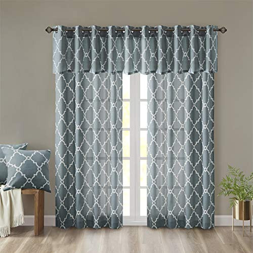 Madison Park Saratoga Window Curtain Light Filtering Fretwork Print 1 Panel Grommet Top Drapes/Valance for Living Room Bedroom and Dorm, 50 x 18 in, Blue