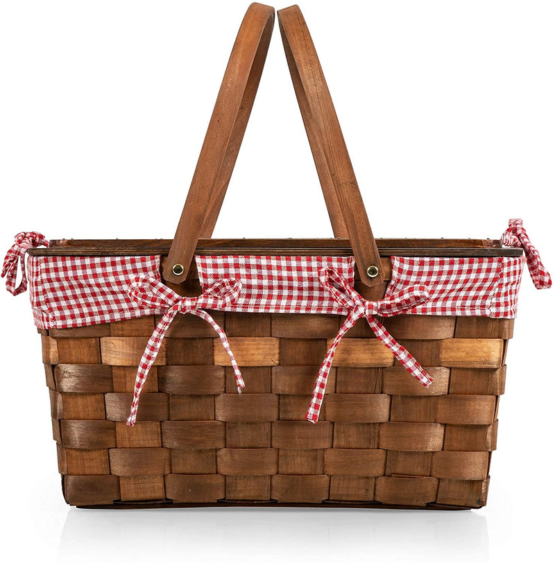 Kansas Handwoven Wood Picnic Basket, (Red & White Gingham Pattern)