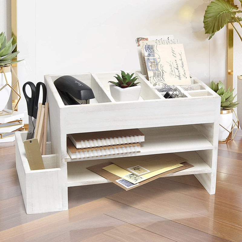 Elegant Designs Home Office Tiered Organizer with Storage Cubbies and Letter Tray Desk Caddy, White Wash