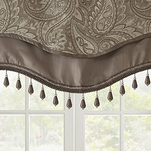 Madison Park Faux Silk Paisley Jacquard, Rod Pocket Curtain with Privacy Lining for Living Room, Kitchen, Bedroom and Dorm, 50 in x 18 in, Blue Bead Trim