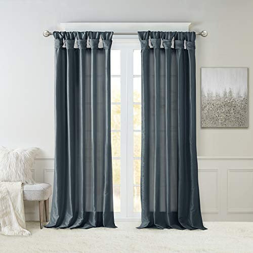 Madison Park Emilia Faux Silk Single Curtain with Privacy Lining, DIY Twist Tab Top Window Drape for Living Room, Bedroom and Dorm, 50 x 108 in, Teal