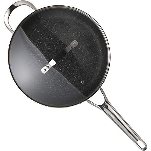 THE ROCK by Starfrit 11" Deep Fry Pan with Glass Lid and Stainless Steel Handles, Black