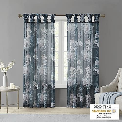 Madison Park Simone Floral Design Sheer Single Window Curtain Voile Privacy Drape for Bedroom, Livingroom, 50 in x 84 in, Navy