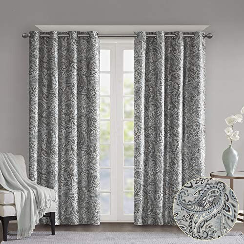SUNSMART Jenelle Paisley Total Blackout Window Curtains for Bedroom, Living Room, Kitchen, Faux Silk with Traditional Grommet, Energy Savings Curtain Panels, 1-Panel Pack, 50x63, Grey
