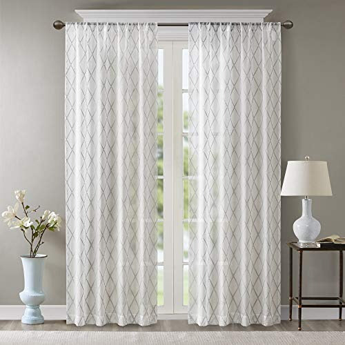 Madison Park Irina Sheer Embroidered Single Curtain For Kitchen, Transitional Fabric Sheers Curtain For Living Room, 1-Panel Pack, 50x84", White/Grey