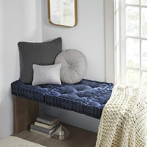 Intelligent Design Azza Floor Pillow Square Pouf Chenille Tufted with Scalloped Edge Design Hypoallergenic Bench/Chair Cushion, 1 Count (Pack of 1), Navy