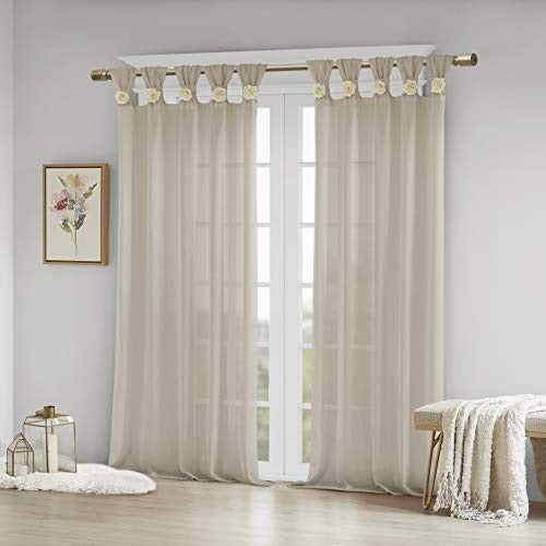 Madison Park Rosette Floral Embellished Cuff Tab Top Solid Single Window Treatments Curtain Panel Drape for Bedroom Living Room and Dorm, 50 in x 84 in, Linen