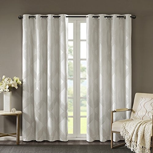 SUNSMART Bentley Total Blackout Curtains Window, Ogee Knitted Jacquard, Grommet Top Living Room Decor, Thermal Insulated Light Blocking Drape for Bedroom and Apartments, 50" x 84", Ivory