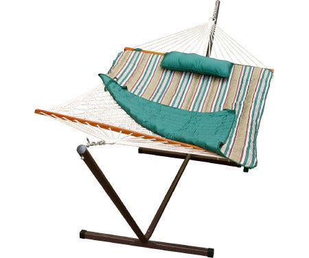 Cotton Rope Hammock, Stand, Pad and Pillow Combination - Teal/Tan