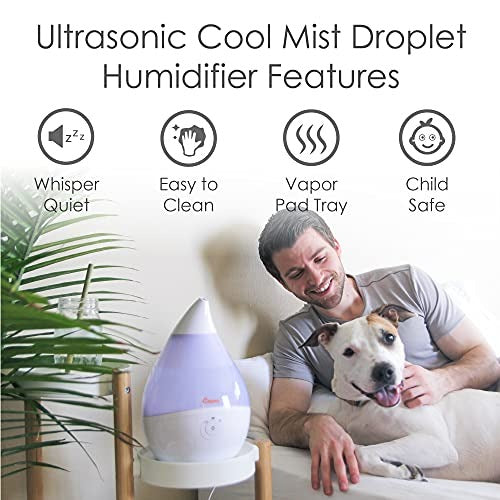 Crane Droplet Ultrasonic Cool Mist Humidifier, 0.5 Gallon, 250 Sq Ft Coverage, Optional Vapor Pad Slot, Air Humidifier for Plants Home Bedroom Baby Nursery and Office, White