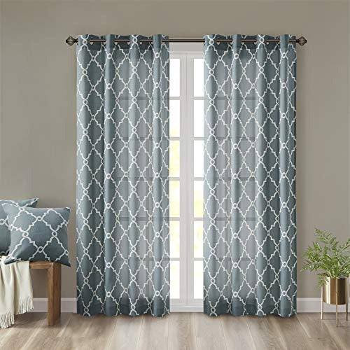 Madison Park Saratoga Single Window Curtain Light Filtering Fretwork Print 1 Panel Grommet Top Drape/Valance for Living Room Bedroom and Dorm, 50 x 108 in, Blue