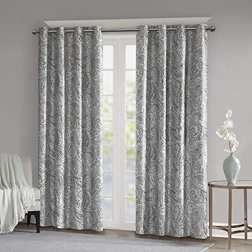 SUNSMART Jenelle Paisley Total Blackout Window Curtains for Bedroom, Living Room, Kitchen, Faux Silk with Traditional Grommet, Energy Savings Curtain Panels, 1-Panel Pack, 50x63, Grey