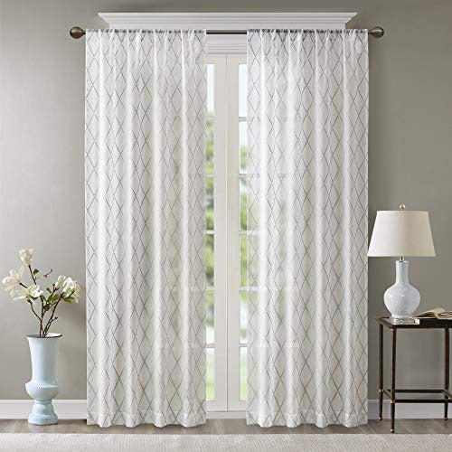 Madison Park Irina Sheer Embroidered Single Curtain for Kitchen, Transitional Fabric Sheers Curtain for Living Room, 1-Panel Pack, 50x95, White/Grey