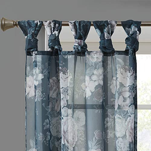 Madison Park Simone Floral Design Sheer Single Window Curtain Voile Privacy Drape for Bedroom, Livingroom, 50 in x 95 in, Navy