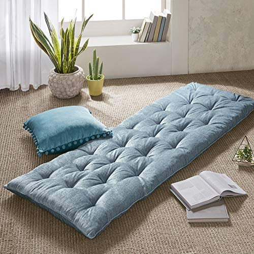 Foldable Poly Chenille Light Weight Lounge Floor Pillow Cushion with Travel Wrap for Meditation, Yoga, Reading, 74x27, Aqua