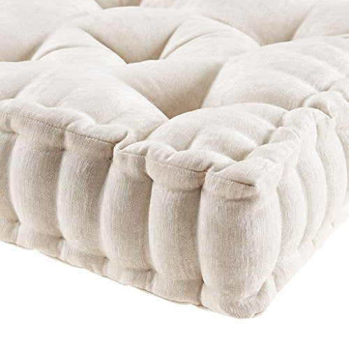 Intelligent Design Azza Floor Pillow Square Pouf Chenille Tufted with Scalloped Edge Design Hypoallergenic Bench/Chair Cushion, 20” x 20” x 5”, Ivory