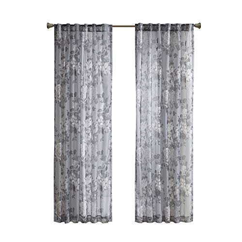 Madison Park Simone Floral Design Sheer Single Window Curtain Voile Privacy Drape for Bedroom, Livingroom, 50" x 95", Backtab Panel, Grey