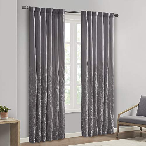 Madison Park Andora Embroidered Back Tab Fabric Single Window Living Room, Transitional Rod Pocket Light Curtain for Bedroom, 1-Panel Pack, 50 x 84, Grey