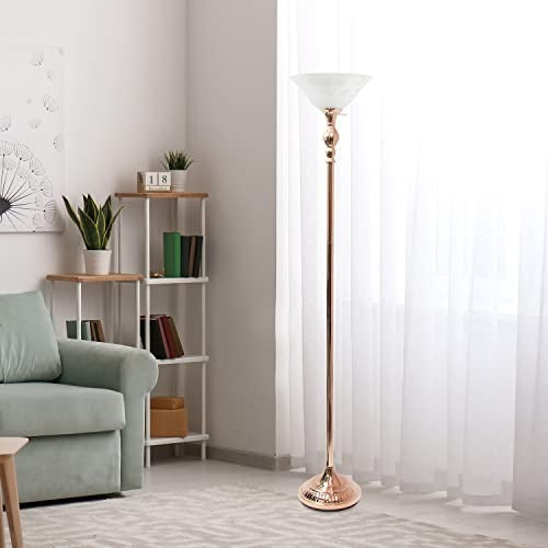 Lalia Home Classic 1 Light Torchiere Floor Lamp with Marbleized Glass Shade, Rose Gold