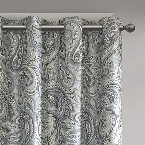 SUNSMART Jenelle Paisley Total Blackout Window Curtains for Bedroom, Living Room, Kitchen, Faux Silk with Traditional Grommet, Energy Savings Curtain Panels, 1-Panel Pack, 50x95, Grey