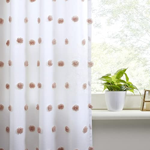Intelligent Design Sophie Sheer Single Window Curtain Panel Clipped Pompom Embelished Privacy Drape with Rod Pocket for Bedroom, Livingroom, 50" x 63", Blush