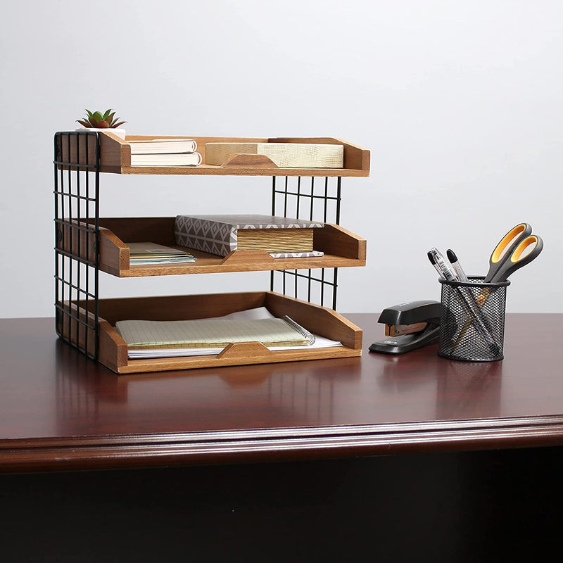 Elegant Designs Home Office Organizer Mail Letter Tray with 3 Shelves Desk Inbox, Natural Wood