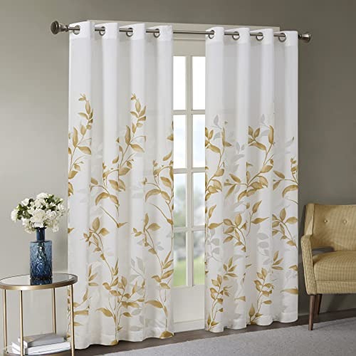 Madison Park Cecily Semi Sheer Single Panel Window Curtain Burnout Botanical Print Easy to Hang, Fits up to 1.25" Diameter Rod, 50x84, Yellow