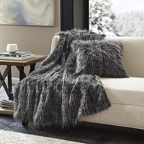 Akro-Mils Edina Pluffy Faux Fur Mohair Decorate Square Pillow with Insert Luxury for Sofa, Bed, Couch, 20x20, Black