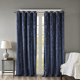 SunSmart Mirage Jacquard Total Blackout Curtain Panel, Grommet Top, Navy, 50 x 84 in