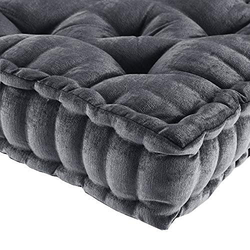 Intelligent Design Azza Floor Pillow Square Pouf Chenille Tufted with Scalloped Edge Design Hypoallergenic Bench/Chair Cushion, 20"x20"x5", Charcoal