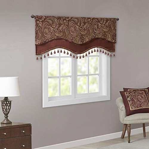 Madison Park Faux Silk Paisley Jacquard, Rod Pocket Curtain with Privacy Lining for Living Room, Kitchen, Bedroom and Dorm, 50 in x 18 in, Burgundy Bead Trim