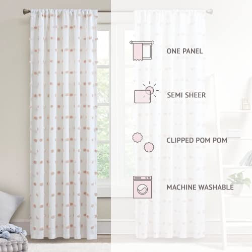 Intelligent Design Sophie Sheer Single Window Curtain Panel Clipped Pompom Embelished Privacy Drape with Rod Pocket for Bedroom, Livingroom, 50" x 63", Blush