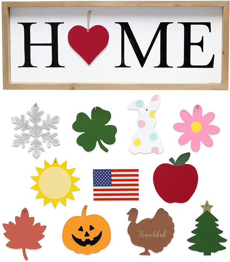 Home Outfitters Rustic Farmhouse Wooden Seasonal Interchangeable Symbol "Home" Frame with 12 Ornaments, Natural