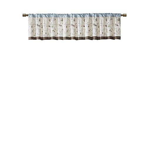 Madison Park Serene Embroidery Room-Darkening Valance Window Treatment Rod Pocket/Back Tab Short Drape, 50x18", Blue