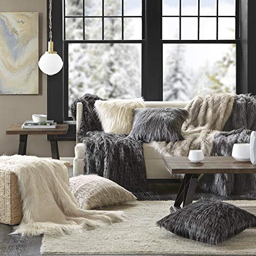 Akro-Mils Edina Pluffy Faux Fur Mohair Decorate Square Pillow with Insert Luxury for Sofa, Bed, Couch, 20x20, Grey