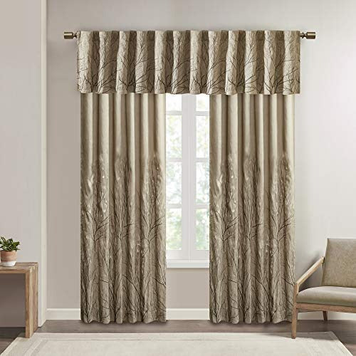 Andora Embroidered Rod Pocket Valance , Tree Small Faux Silk Valances for Window , 50X18" , Tan