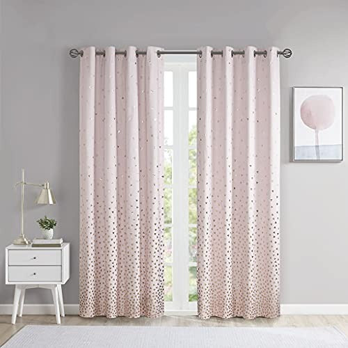 Intelligent Design Zoey Blackout Curtain Metallic Print Grommet Top Single Window Panel Living Room Thermal Insulated Light Blocking Drape for Bedroom and Apartments, 50" x 84", Blush/Rosegold