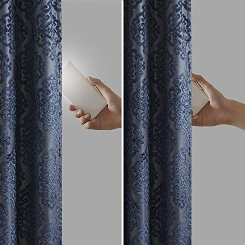 SunSmart Mirage 100% Total Blackout Window Single Curtain, Knitted Jacquard Damask Room Darkening Curtain Panel with Grommet Top, 50x84, Navy