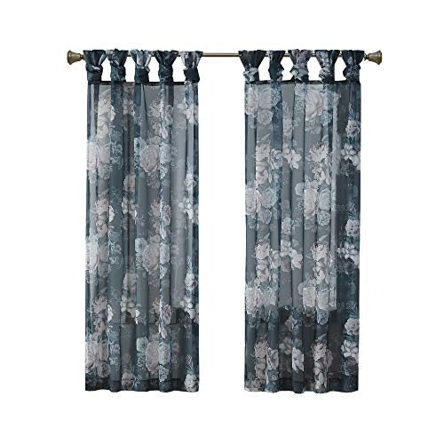 Madison Park Simone Floral Design Sheer Single Window Curtain Voile Privacy Drape for Bedroom, Livingroom, 50 in x 95 in, Navy