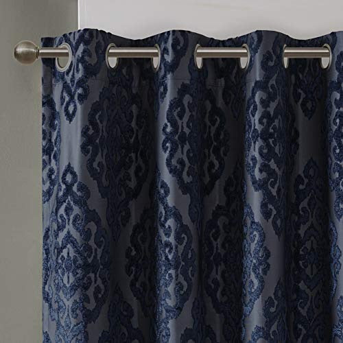 SUN SMART Mirage 100% Total Blackout Single Window, Knitted Jacquard Damask Room Darkening Curtain Panel with Grommet Top, 50 x 95 in, Navy