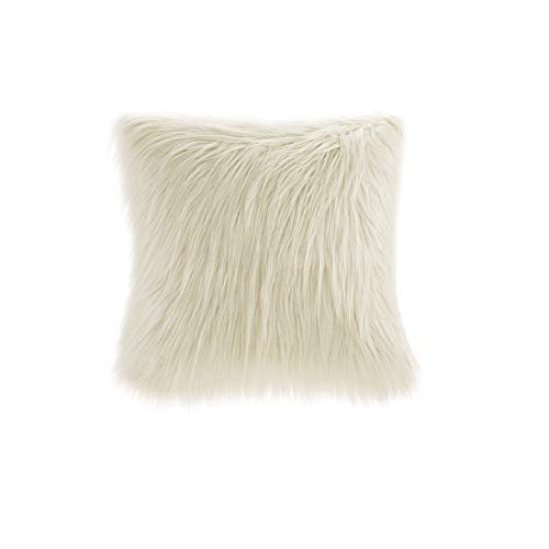 Edina Faux Fur Premium Modern Down Throw Pillow, Contemporary Square Decorative Pillow, 20" W X 20" L, Ivory