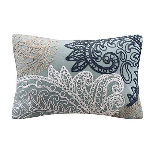 Kiran Cotton Fashion Cotton Throw Pillow , Casual Embroidered Oblong Decorative Pillow , 12X18 , Blue