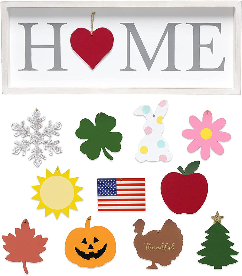 Home Outfitters Rustic Farmhouse Wooden Seasonal Interchangeable Symbol "Home" Frame with 12 Ornaments, White Wash