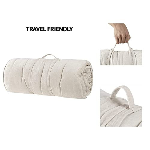 Foldable Poly Chenille Light Weight Lounge Floor Pillow Cushion Tufted Seat for Meditation, Game Playing, Yoga, Reading with Travel Wrap, 74x27, Ivory