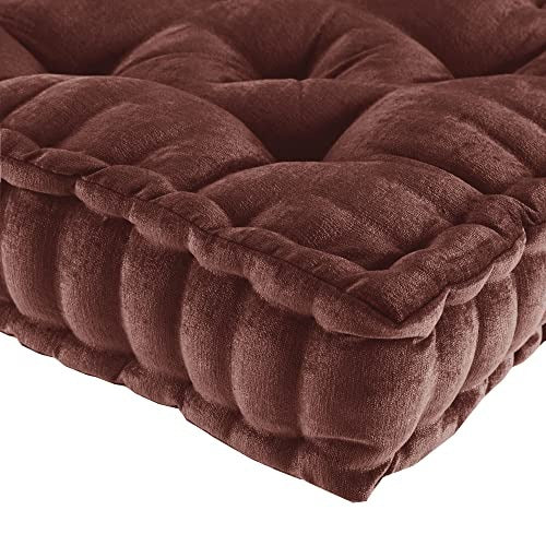 Intelligent Design Azza Floor Pillow Square Pouf Chenille Tufted with Scalloped Edge Design Hypoallergenic Bench/Chair Cushion, 20" W x 20" L x 5" H, Spice