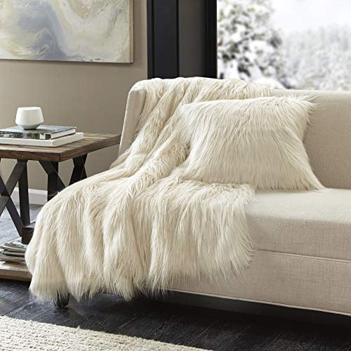 Edina Faux Fur Premium Modern Down Throw Pillow, Contemporary Square Decorative Pillow, 20" W X 20" L, Ivory