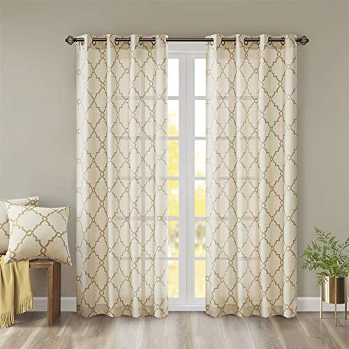 Madison Park Saratoga Single Window Curtain Light Filtering Fretwork Print 1 Panel Grommet Top Drape for Living Room Bedroom and Dorm, 50x63, Beige/Gold