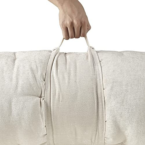 Foldable Poly Chenille Light Weight Lounge Floor Pillow Cushion Tufted Seat for Meditation, Game Playing, Yoga, Reading with Travel Wrap, 74x27, Ivory